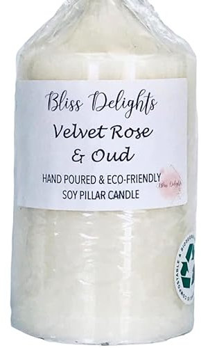 Velvet Rose & Oud Pillar Candle | Hand Poured Eco-Friendly Soy Candle | Plastic Free Packaging, Cruelty Free & Vegan Candles (Small)