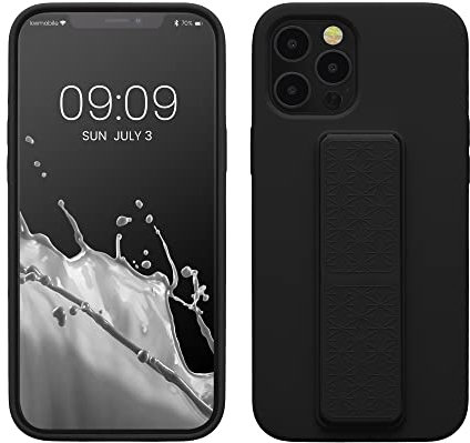 kwmobile Case Compatible with Apple iPhone 12 Pro Max - Case with Hand Strap and Stand Soft TPU Silicone Coating - Black