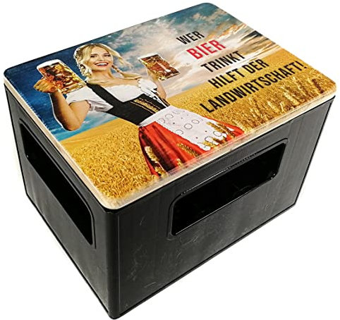 Bierkastensitz, Outdoor Hocker, Sitzauflage aus Holz für Getränkekisten mit Wer Biertrinkt hilft der Landwirtschaft als Geschenkidee