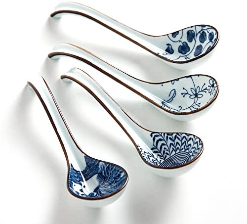 Hoilse Juego de 4 cucharas de sopa asiática, cucharas de ramen japonesas de cerámica, mango largo, profundidad perfecta para albóndigas, pho, fideos, miso, wonton, aptas para lavavajillas