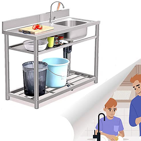 OCAZI Spülbecken Edelstahl Werkbank Spülbecken Küche Spüle Edelstahl, Waschbecken Küche 304 Küchenspüle Edelstahl Spülbecken Organizer 80x50x80cm/31.5x19.7x31.5in Right
