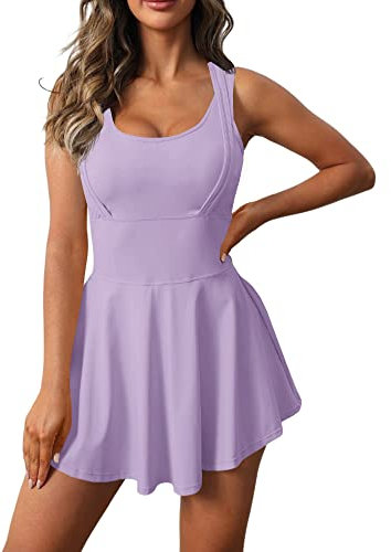 Gyiefcg Abito da donna senza maniche 2 in 1 per tennis e golf, da allenamento, con pantaloncini integrati, Viola, L