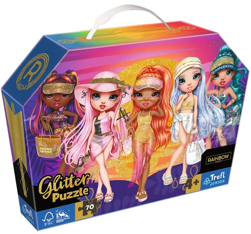 Trefl Junior - Rainbow High, Glitzerpuppen - Glitzerpuzzle Glitzer 70 Teile, Praktische Kiste mit Griff, Glitzerpuzzle für Kleine Modefans, Spaß für Kinder ab 4