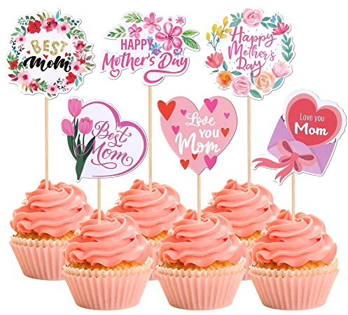 Rsstarxi 36 Pack Happy Mother's Day Cupcake Toppers Best Mom Ever I Love You Mom Cupcake Picks Decorations for Mother's Day Women Birthday Party Cake Decorations