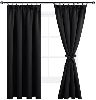 DWCN Schwarz Vorhang Blickdicht Verdunkelungsgardinen mit Kräuselband, 2er Set H 183 x B 117 cm Vorhänge Wohnzimmer mit Vorhang-Krawatten, Wärmeisolierende Vorhänge Thermovorhang Kälteschutz