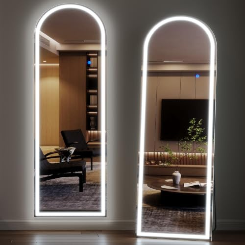 ZKIODV Gewölbter Top Ganzkörperspiegel mit Beleuchtung, LED Wandspiegel mit dimmbarer 3 Farbmodi, Stabiler Flur Standspiegel, Großer Spiegel mit Licht, Hängend/Stehend/Angelehnt (Weiß 160 x 50 cm)