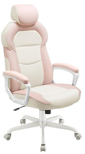 SONGMICS Chaise de Bureau, Fauteuil Gaming, Réglable en Hauteur, Surface en PU, Appuie-tête Réglable, Accoudoirs Rembourrés, Dossier Inclinable, Charge 150 kg, Rose Bonbon OBG066P01