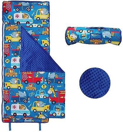 Schlafsack Kinder mit Kopfkissen Reißverschluss, Faltbare Kinderschlafsack mit Kissen Abnehmbar für Mädchen Jungen, Leicht Reinigen Schlafsack für Outdoor Indoor Camping, 150×60cm Blau Tierauto