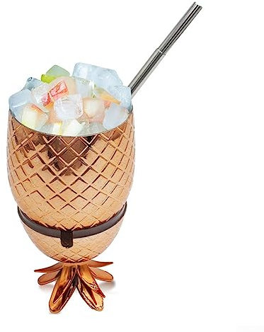 DAZZLEEX Vaso de acero inoxidable con diseño de piña para cóctel, decoración de playa, popotes de acero inoxidable con tapa (cobre)