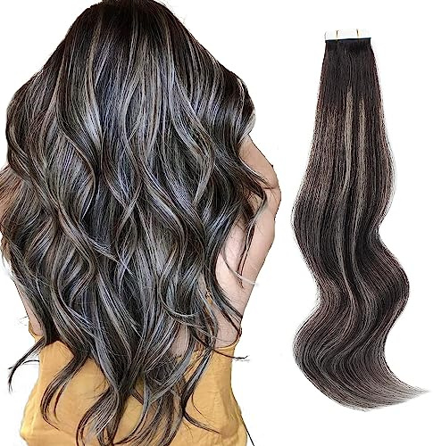 ABH AMAZINGBEAUTY HAIR 35 cm Tape-In Haarverlängerungen Ombre Echtes Menschenhaar Natur Schwarz bis Silberweiß Gerades Remy Menschenhaar Tape-Ins Extensions Unsichtbare Nahtlose 50g 20 Stück