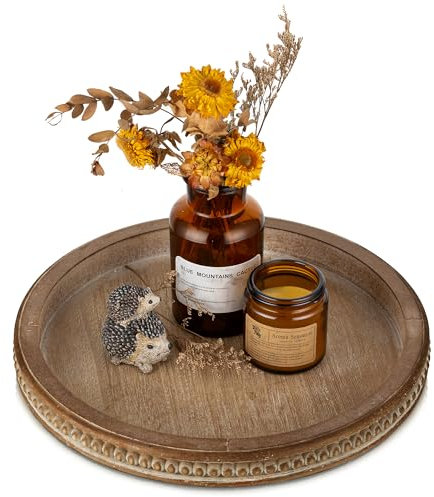 Romadedi Wooden Tray Round Decorative Tray:White Shabby Wood Serving Trays Vintage Wood Platter for Candles Kitchen Countertop Table Centrepiece Decoration