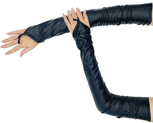 Lackleder Lange 55cm Handschuhe Fingerlos Damen Sexy Beschichtete Hakenfingerhandschuhe Abendhandschuhe für Hochzeit, Abschlussball, Teeparty - Kleidungs Zubehör, Schwarz