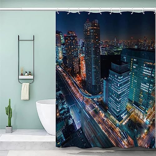 Rideau Douche Anti Moisissure New York Rideaux de Douche Tissu 3D imprimé Ville de Nuit Rideau Baignoire 180x200 Rideau Salle de Bain Polyester Séchage Rapide