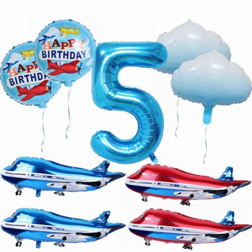 Yunchu Online 5. Flugzeug Geburtstag Dekoration - Großer Blauer Rot Ballon, Cloud Folienballons, Party Set für 5. Geburtstag Junge Mädchen