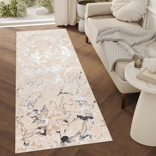 TAPISO Crystal Läufer Teppich Glänzend Grau Gold Creme Marmoreffekt Abstrakt Wohnzimmer Schlafzimmer Flur Korridor Modern Design ÖKO-TEX 120 x 200 cm