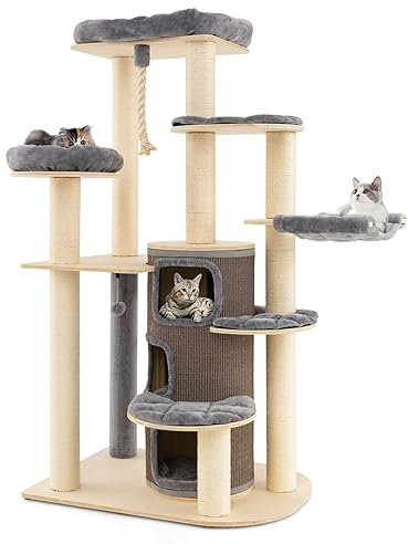 GOPLUS Arbre a Chat 95 x 68 x 173 CM en Bois, Arbre à Chat XXL avec Perchoir Supérieur, Condo à 3 Étages, Plateau pour Sauter, Hamac, Griffoirs en Sisal Amovible, Boule et Corde Suspendue (Gris)