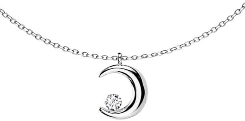 viva-adorno Edelstahl Damen Kette Halbmond Zirkonia Halskette Kristall Mondsichel Anhänger Collier HK46, silber
