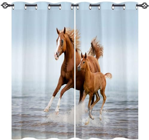 ANHOPE Tier Pferd Stute Pony Blickdichte Gardinen mit Ösen Thermo Vorhänge Blackout Curtain Weich Verdunklungsvorhänge Wohnzimmer Schlafzimmer Vorhang 2er Set H 160 x B 117 cm