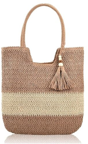 Zucng Large Summer Straw Bag Beach Bag with Tassels, Women Large Woven Handbag Shoulder Bag Tote Bag Purse with Zipper for Shopping Travel Vacation