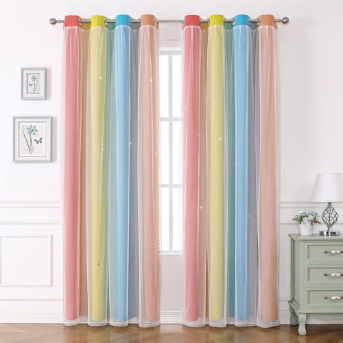 Freyamy Wohnzimmer Gardinen Orange Blau Gelb Glänzend Sterne Vorhänge Halbtransparent 160x132 (HxB) Ösenvorhang 2er Set Farbverlauf Gardinen mit Farbverlauf Vorhang verdunkelungsvorhang