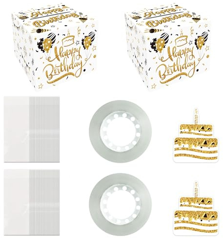 2 pcs Happy Birthday Money Box, BOSOIRSOU White Surprise Box Explosion Gift with Pull Out Birthday Card and 60 Transparent Bags for Fun Cash Gift DIY Birthday Party Set Adults Parents Friend