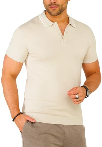 Soulstar Herren Strick Poloshirt Kurzarm T-Shirt Polo-Hemd Knit Oberteil mit Knopfleiste Strick-Polo Golf-Polo Tennis-Polo mit Kontrast-Stripes S2_KP-101-Stone-XXL