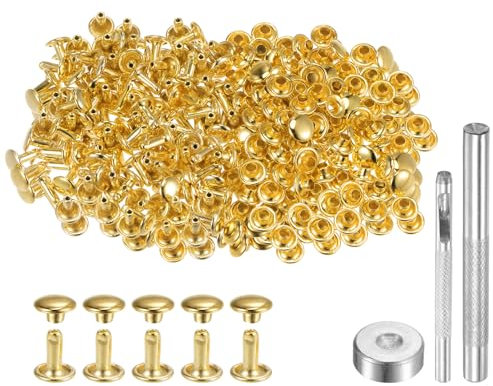 QUARKZMAN 200 Juegos Remaches de Cuero 7mm x 8mm Remaches de Metal de Doble Tapa Presión Broches Sujetadores Con 3 Instalación Herramientas para Cuero Manualidades Tono Dorado