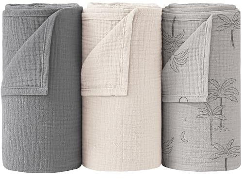Bearmoss Baby Pucktuch Musselin Decke 100% Baumwolle Baby Pucktücher Empfangsdecken 120x120cm Atmungsaktive Babydecke Baby Swaddle Decke 3pack für Unisex-Jungenmädchen (Grey Coconut Tree)