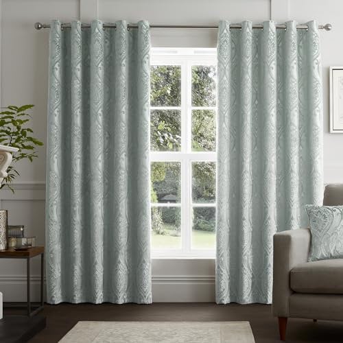Curtina - Duck Egg Blue Damask Curtains W66 x L54 (168 x 137cm) - Light Blue Jacquard Eyelet Curtains - Botanical Luxury Curtains & Drapes for Living Room & Bedroom - Traditional Drapes/Door Curtain