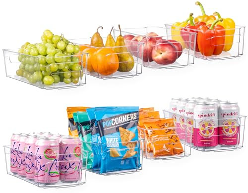 Lot de 8 bacs de rangement en plastique transparent pour collation, congélateur, placard de cuisine – Organisateurs de réfrigérateur empilables avec poignées