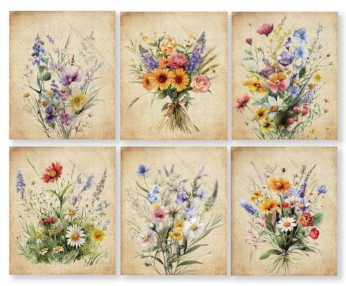 WEBEEDY 6 Pcs Retro Flower Wall Art Print Vintage Floral Canvas Decor Colorful Floral Posters Painting for Room Aesthetic,Nature Plant Dorm Gallery Office Home Wall Decor(8x10/20x25cm Unframed)