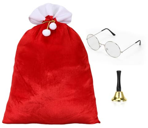 Aurasky Weihnachtssack, Weihnachtsmann Sack aus Samt mit Kordel und Bommeln, Weihnachtsmann Brille und Glocke, Nikolaussack Geschenksack Weihnachten für Weihnachtsmann Kostüm Dekoration