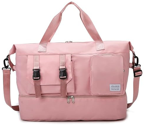 Reisetasche Sporttasche Damen Handgepäck Tasche mit Schuhfach & Nassfach Groß Reisetaschen Wasserdicht Travel Bag Duffel Gym Bag Schwimmtasche Strandtasche Damen Weekender Bag (Hell-Pink)