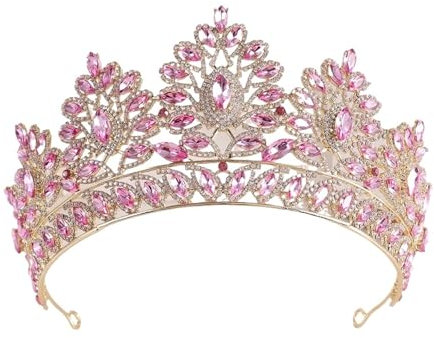 HBALDTEDC Tiara Krone, Diademe, Exquisite Luxus-Hochzeitskrone for die Braut, Strass-Krone for Hochzeits-Haarschmuck, geeignet for Hochzeits-Tiara, Mädchen-Geburtstags-Tiara(C1 G pink)