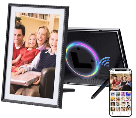 HDeye 10.1 Zoll WiFi Digitaler Fotorahmen, 1280x800 IPS Touchscreen, 32GB Speicher, Auto-Rotate, Wandmontage, einfache Einrichtung Fotos & Videos sofort über Aimor App, RGB-Lichtmodus
