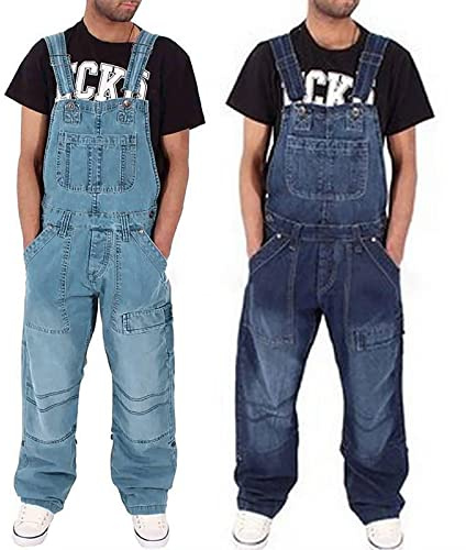 Generisch Salopette en jean pour homme - Longue - Oversize - Noir - Pantalon de travail baggy des années 90 - Pantalon cargo - Pantalon d'été - Salopette de travail - Streetwear, bleu clair, XXXL