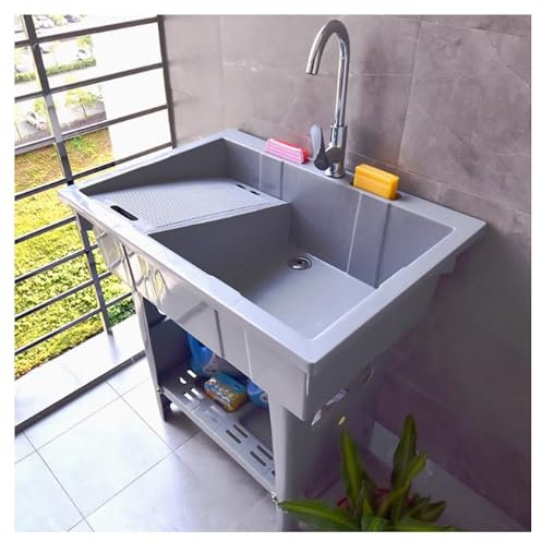 YHQYCGS Fregadero de Plástico Independiente con Tabla de Lavar, Fregadero de Servicio, Piscina, Baño, Interior Y Exterior con Grifo de Agua Fría Y Caliente, Mangueras Y Kit de Drenaje