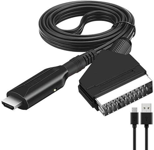 SCART to HDMI Converter 1M with 720P/1080P Switch SCART Input to HDMI Output Lead with 50cm USB Cable Adapter Connect for DVD Player to TV VHS Xbox PS3 Sky Projector and Monitor