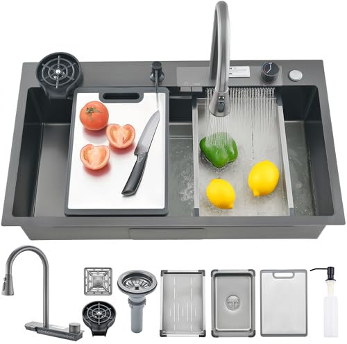 Ribanedy lavello cucina multifunzione a cascata, 68 x 46 cm, lavandino cucina 1 vasca in acciaio inox con rubinetto estraibile, lava bicchieri e accessori