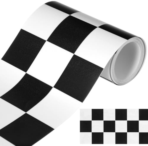 2.4m x 10cm Checkered Border Tape Black and White Vinyl Checkerboard Wall Trim Decal Waterproof Racing Flag Sticker for Classroom Bulletin Board Bathroom Tile Vehicle Styling