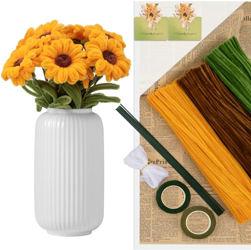 JelyArt set di 300 fili di ciniglia per lavori manuali a forma di girasole - Con 20 steli, nastro e nastro adesivo - Per mazzi di fiori fai da te e progetti artigianali. Regali per le donne per la