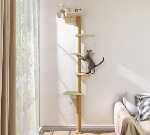 HFHOME Kratzbaum Wandmontage Groß, 210cm Kratzenbaum Wand 5 Etagen mit Sisal aus Natürliches Holz, Wandelemente für Katzen zum Klettern, Kratzen und Spielen