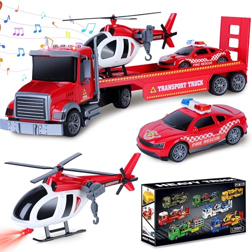 Charmofun Feuerwehr Lastwagen Spielzeug, Groß LKW Spielzeug, Feuerwehr Abnehmbar Anhänger mit Hubschrauber, Autotransporter Geschenk für Kinder Jungen 3+ Jahren