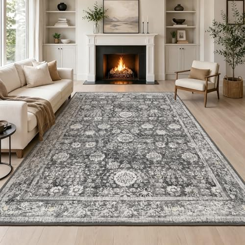 Capslpad Vintage Teppich Wohnzimmer 244x305cm Grau-1 Waschbar | Kurzflor Boho,Retro Teppich,Weich Rutschfest,Großer Teppich,für Wohnzimmer,Esszimmer,Schlafzimmer,Büro,Teppiche