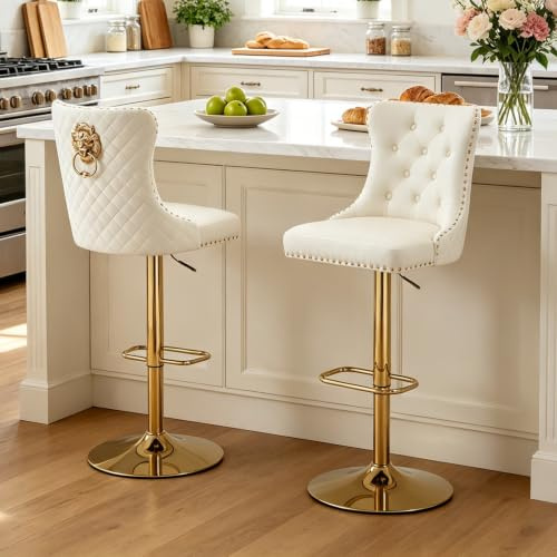 Chummaven Samt Barhocker höhenverstellbar 2er Set goldene Barstuhl Creme | Drehbar, gepolstert, mit Lehne Fußstütze Metallgestell, Löwenkopf-Ring, Küchenhocker Tresenhocker für Kücheninsel, Hausbar