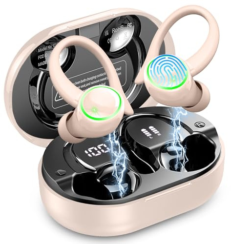 Wireless Earbud Bluetooth 5.4 Headphones Sports with Earhooks, Earphones Wireless Bluetooth ENC Noise Cancelling, 50H Playtime, IP7 Waterproof Ear buds In Ear for Sport/Running/Gym, Dual LED Display