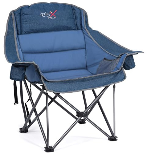 RELAX FIELD Oversized Camping Chair for Adults, 227KG, Blue | Heavy Duty Folding Padded Portable Chair, Side Pocket Cup Holder Carrying Bag Included, for Outdoor/Garden/Picnic/Fishing