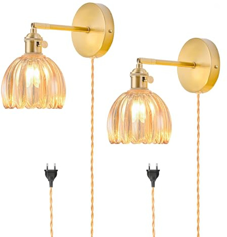 Steck Wandleuchte Innen Wandlampe Set 2, Vintage mit Tulpenbernsteinglas Lampenschale, 180° Verstellbar mit Schalter und Steckkabel, Goldenes Wandleuchte Dekoset 2, Leuchtmittel Nicht Enthalten
