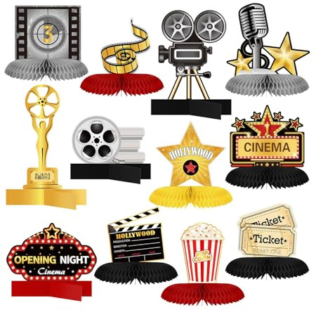 Bubaxuce 12 Teile Filmabend Party Dekorationen Zubehör Kino Waben Mittelpunkt 3D Mikrofon Ticket Stern Video Papier Mittelpunkt Schild Tischdekoration für