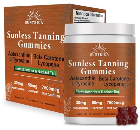 Tanning Gummies Self-tanning with Beta Carotene, Astaxanthin, Lycopene, Vegan, Sugar Free, 60 Gummies (Sun-kissed glow)